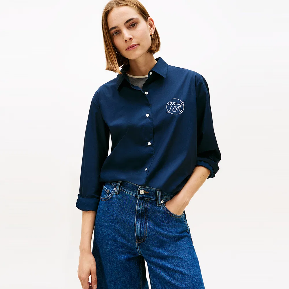 Женская поплиновая рубашка с логотипом, тёмно-синяя, от Tommy Hilfiger Women