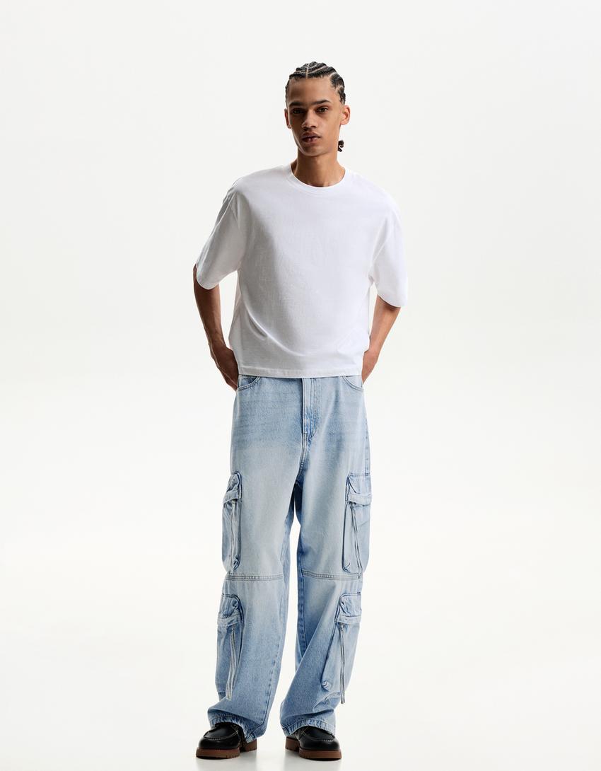 

Джинсы-Мешковатые мультикарго Bershka, голубой