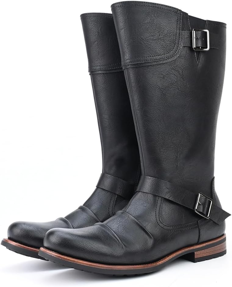 

Мужские высокие сапоги с боковой молнией, широкая голень, до колена, для верховой езды, плоская подошва, с пряжкой, массивный низкий каблук, зимние высокие сапоги WSMYBLQ, Black