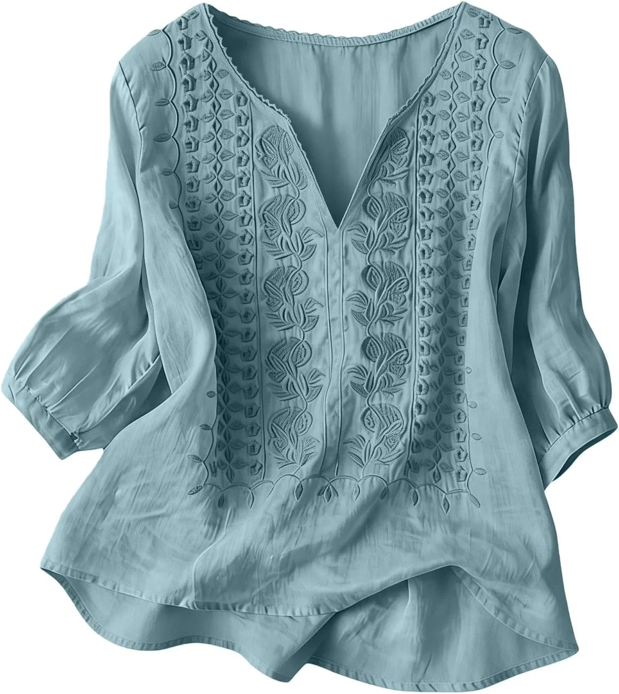 Блуза женская с вышивкой, 3/4 рукав, V-образный вырез, 5-mint Green