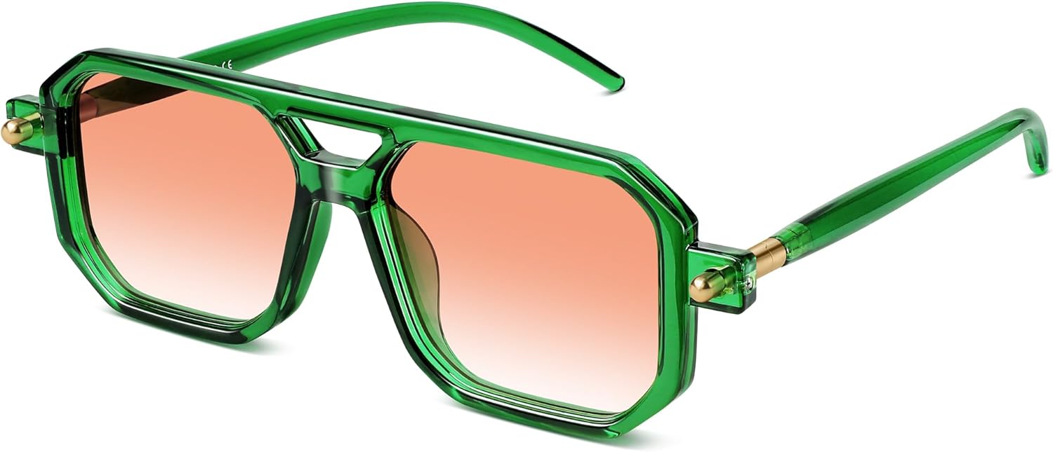 

Ретро-солнцезащитные очки-авиаторы для женщин и мужчин - модные квадратные винтажные солнцезащитные очки в стиле 70-х с защитой от УФ-излучения kunchu, 01 Transparent Green/Gradient Orange