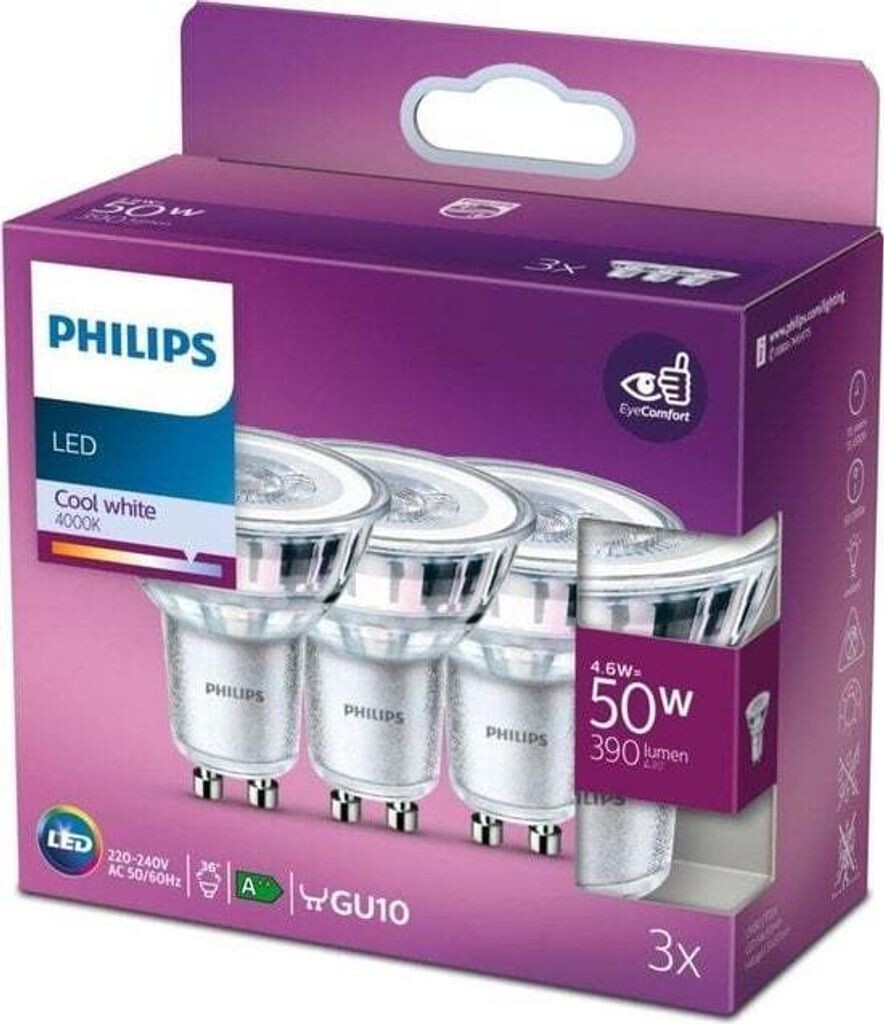 

Энергоэффективный светодиодный прожектор Philips — 50 Вт — GU10 — холодный белый свет — 3 шт. — Экономия затрат на электроэнергию