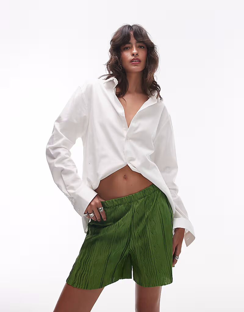 

Широкие шорты Topshop плиссе оливкового цвета