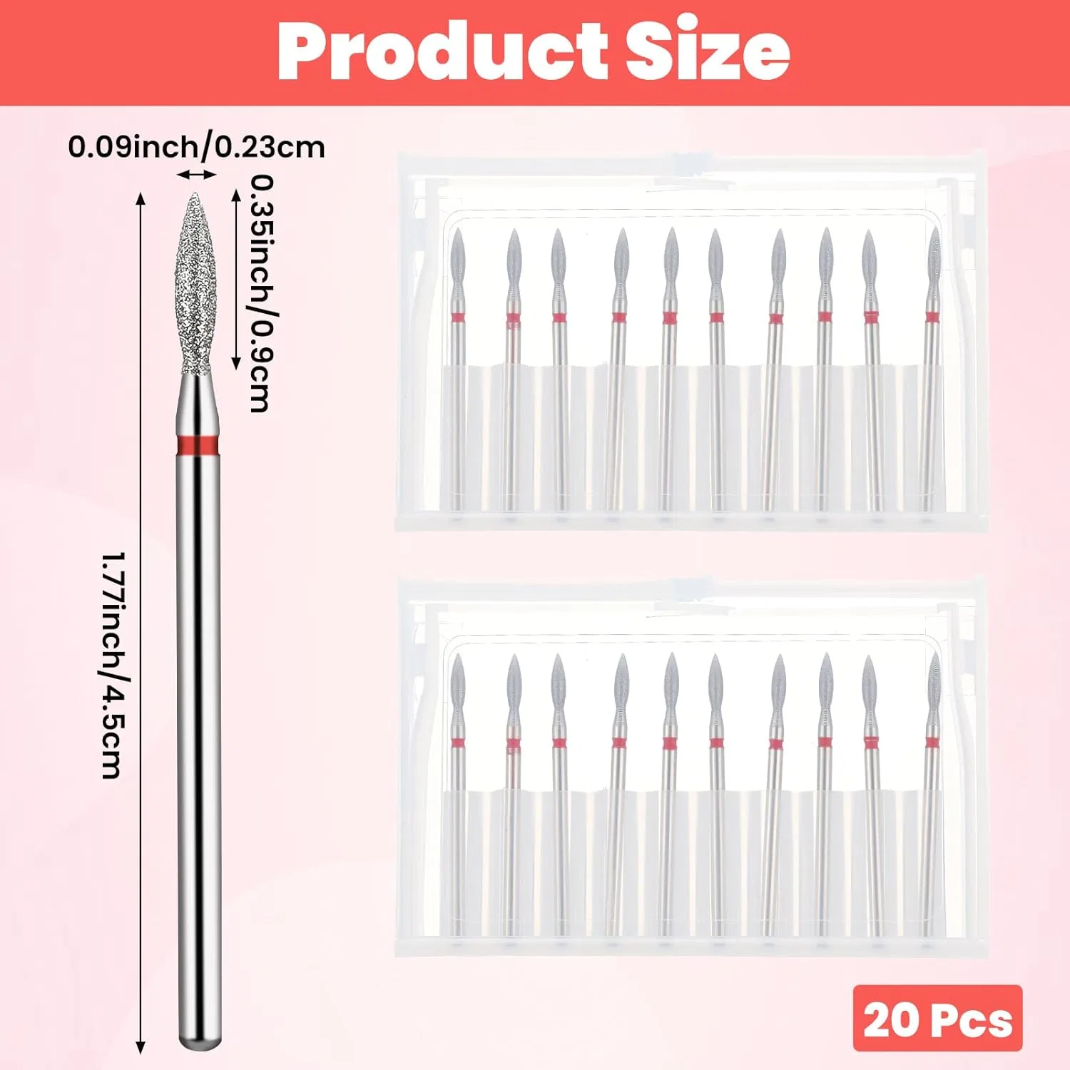 Набор из 20 алмазных фрез для маникюра Flame Cuticle Clean, 3/32 дюйма ‎Heclia — фото 2