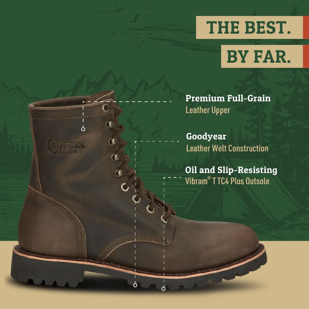 Ботинки Chippewa Classic 2.0 с шнуровкой, 20 см, из кожи- маслобензоустойчивые и противоскользящие ботинки для мужчин- кожаная обувь для лесорубов- кожа полного слоя- EH сертификация с ортопедической стелькой- обеспечивает стабильность, шоколадн... — фото 3