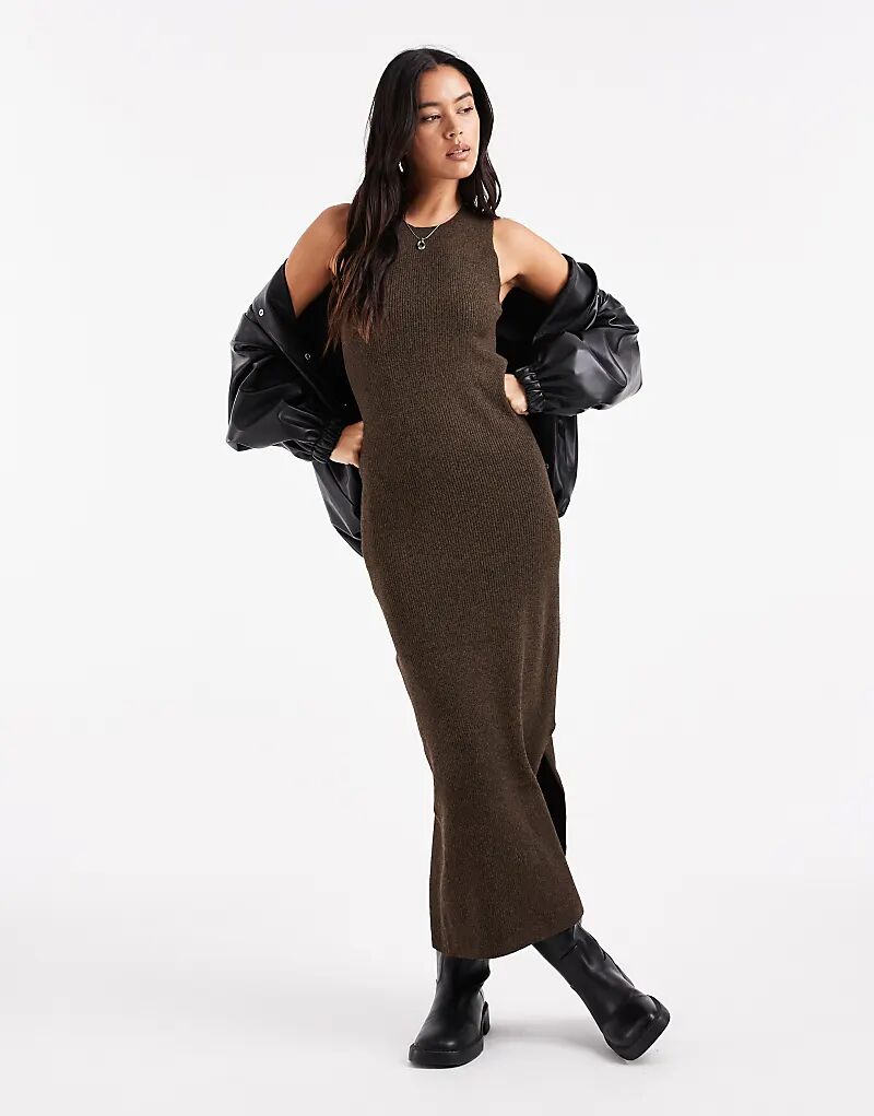 

Платье миди без рукавов из трикотажного полотна в рубчик шоколадно-коричневого цвета