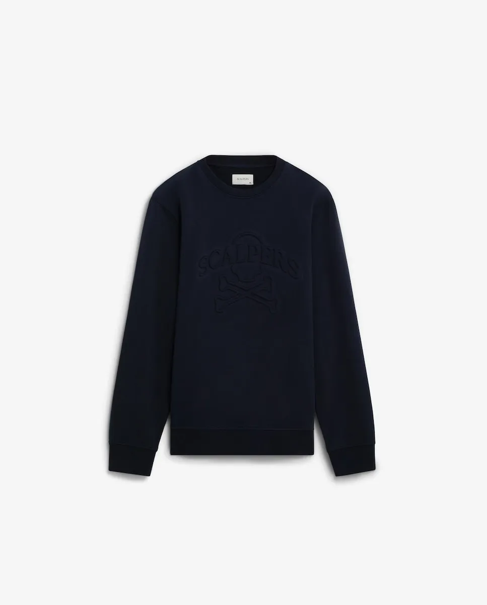 

Мужская толстовка без капюшона, обычного кроя, с логотипом и рельефным черепом на груди Scalpers, темно-синий