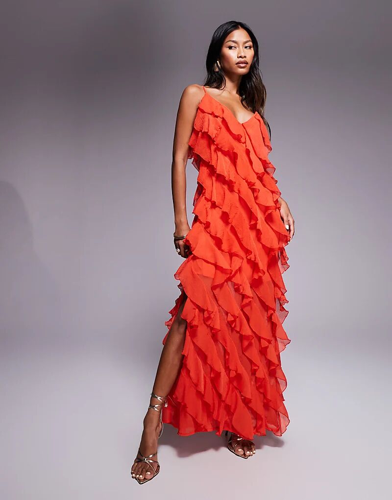 

Длинное платье River Island с бретельками и оборками оранжевого цвета