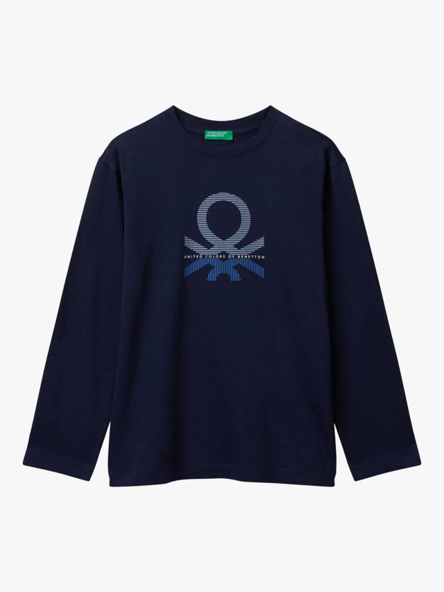 

Детская хлопковая футболка с длинным рукавом и принтом логотипа Benetton, Navy