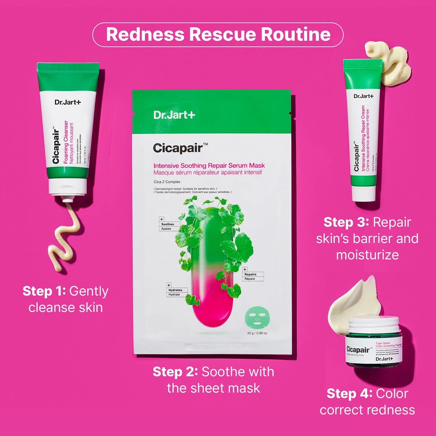 Dr.Jart+ Cicapair Redness Rescue набор для ухода за кожей, мини-формат: крем-корректор, очищающее средство, увлажняющий крем и маска 1 шт. (4 шт.), red — фото 3