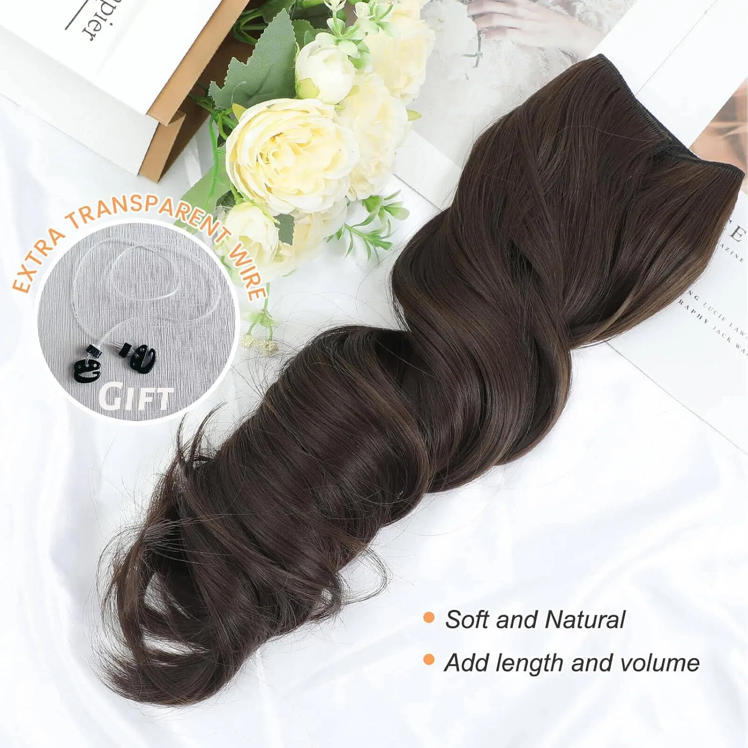 Накладные волосы «Body Wavy Halos» на прозрачной леске Flyroseing, Mid-Brown — фото 3