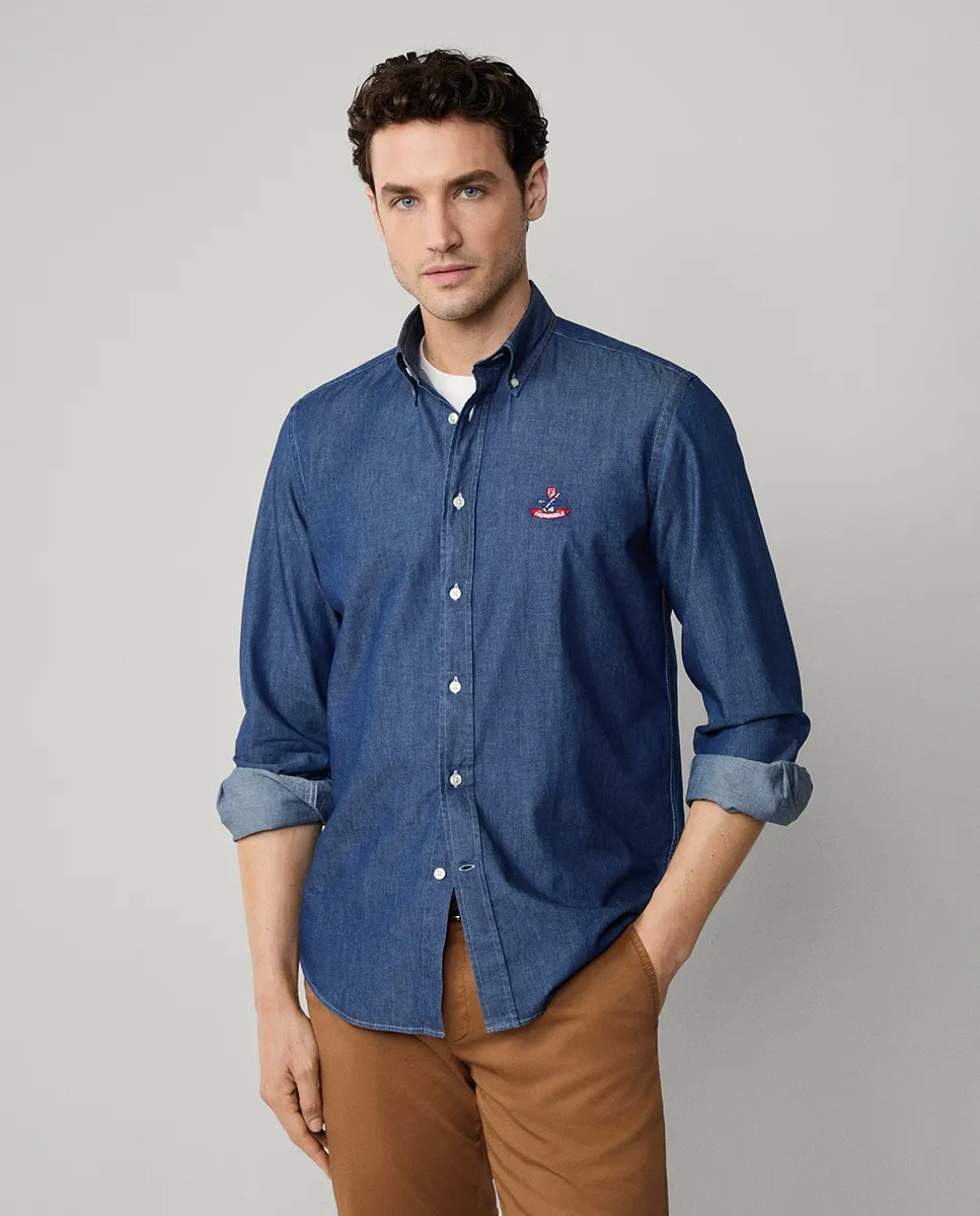 

Мужская рубашка из шамбре однотонная, приталенного кроя, с логотипом Birdie Façonnable, индиго