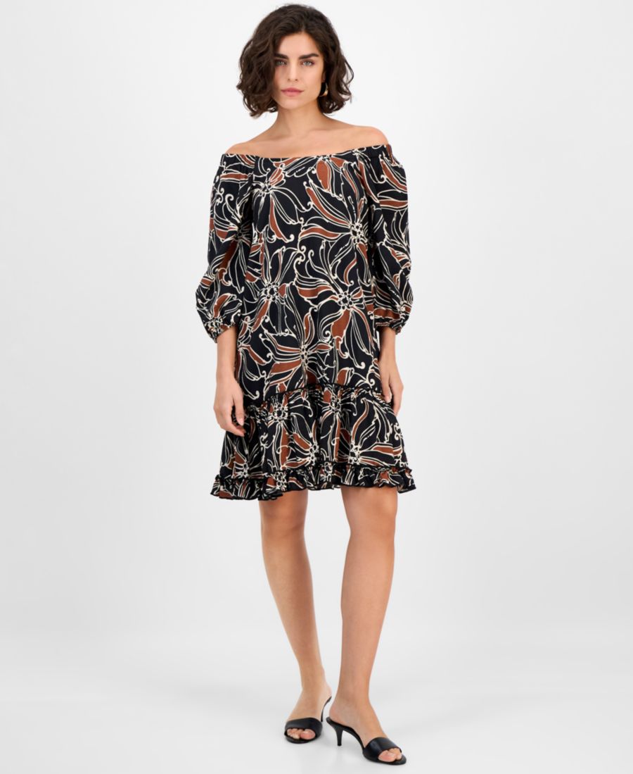 

Женское платье с квадратным вырезом, оборками и рукавами 3/4 Robbie Bee, Brown multi