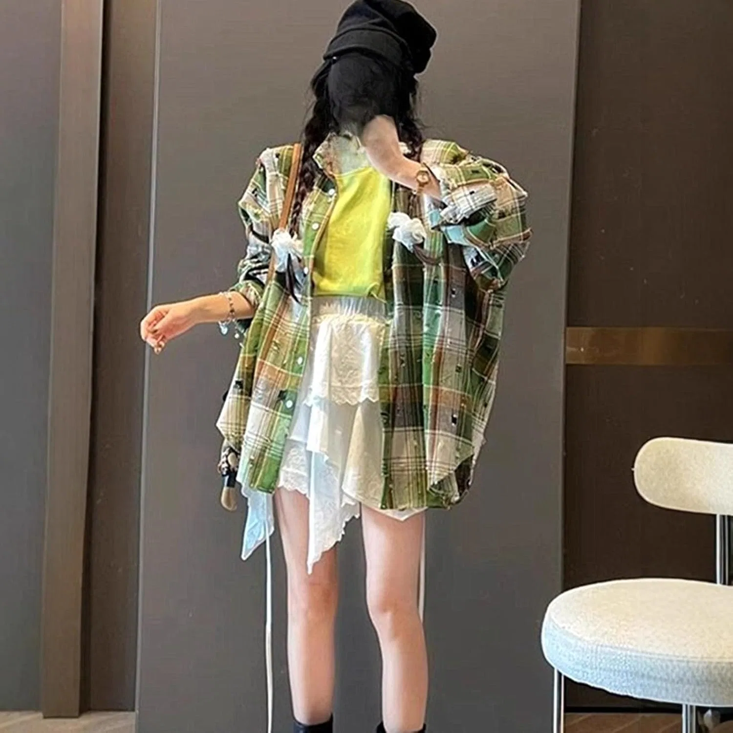 Рубашка женская в клетку с потертостями, Vintage Plaid Long Shirt, зеленый — фото 2