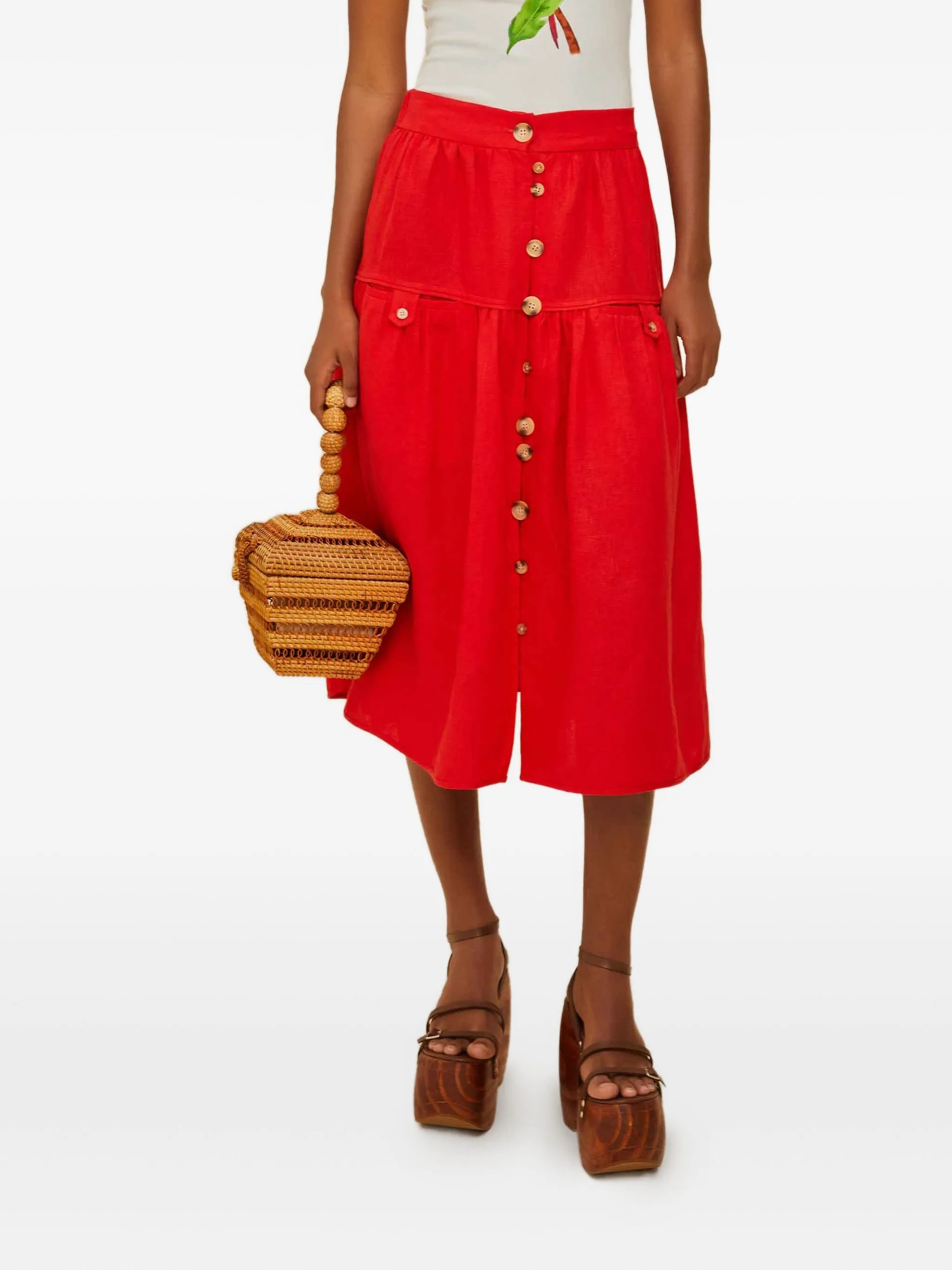 

Ярусная юбка миди на пуговицах Farm Rio, красный