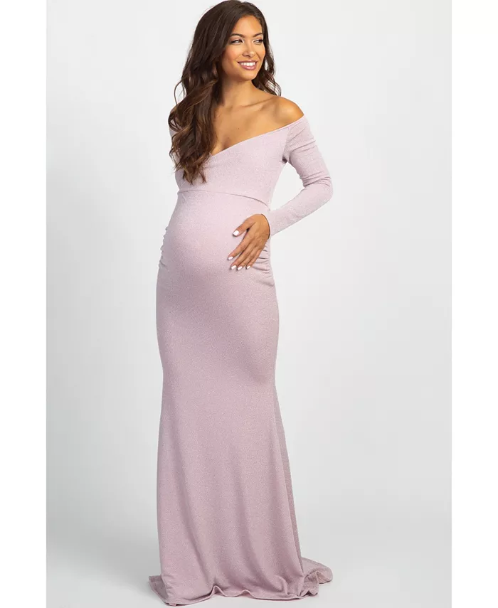 

Беременное розовое металлическое платье с открытыми плечами и длинными рукавами для фотосессии Pinkblush