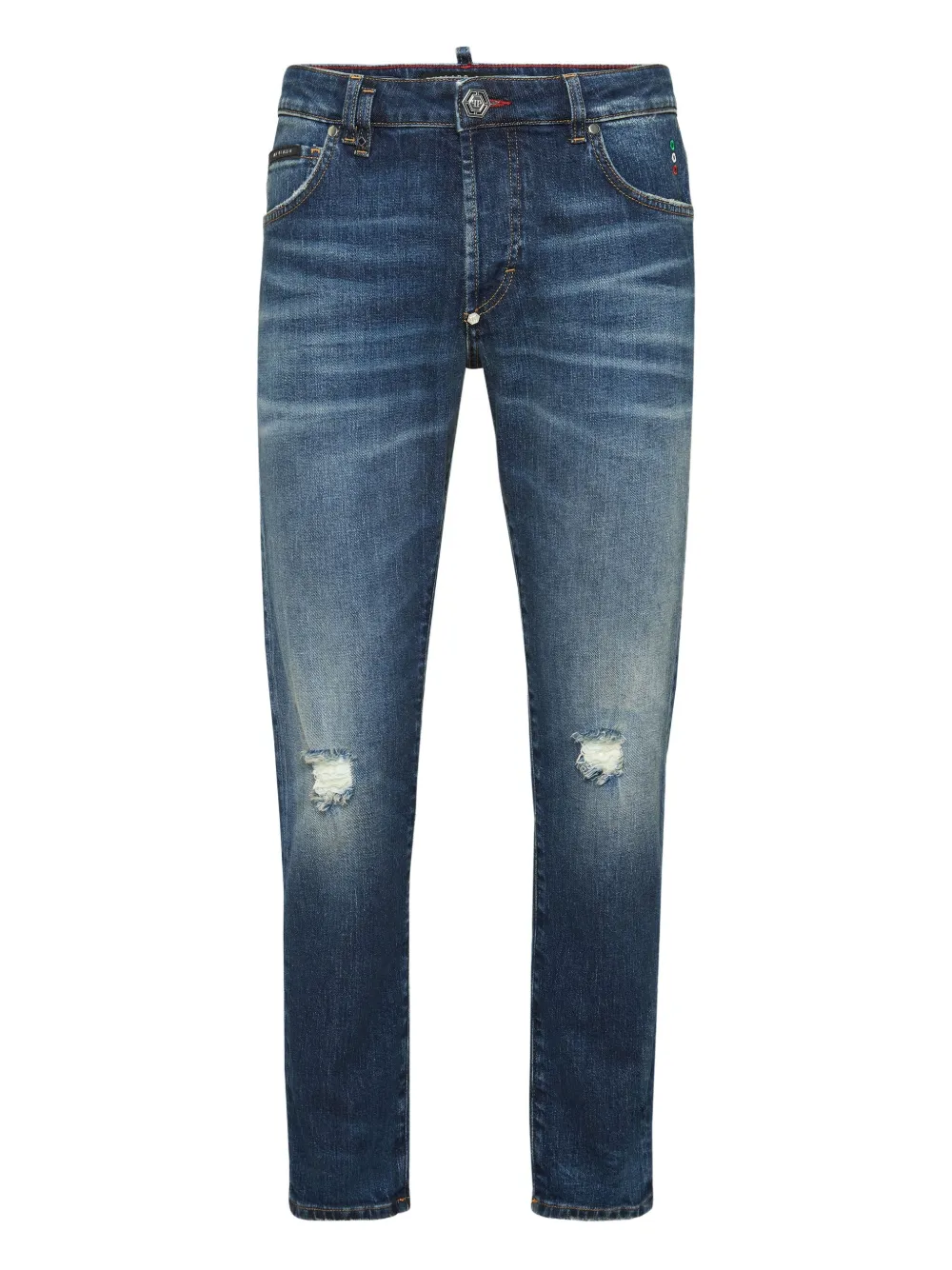 

Джинсы с эффектом потертости и логотипом Philipp Plein, синий