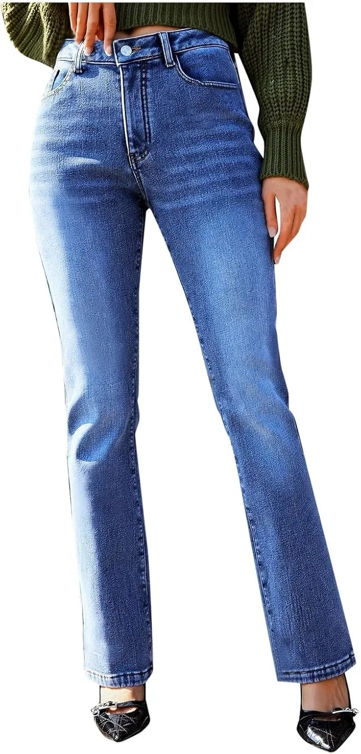 Женские джинсы Boot Cut из флиса с высокой талией, утепленные, зауженные, расклешенные, повседневные, для работы Generic, синий