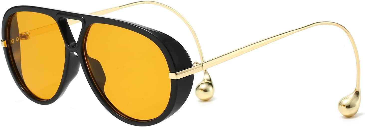 

Большие ретро-солнцезащитные очки-авиаторы для женщин и мужчин, винтажные солнцезащитные очки с защитой от УФ-излучения UV400, унисекс, с металлическими бусинами Glamsee, Black Frame - Orange Lens