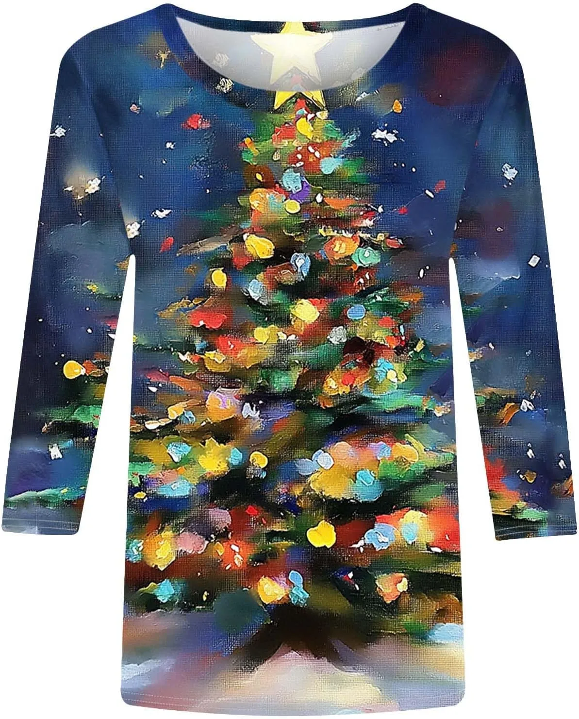 Футболка с рождественским принтом Glitter Xmas Tree Snow, 3/4 рукава, свободный крой — фото 4