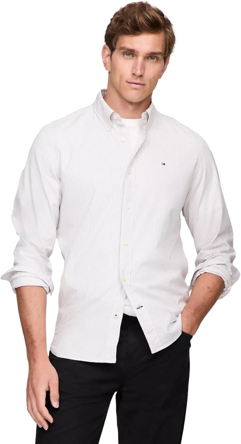 

Мужская фирменная рубашка TOMMY HILFIGER с длинным рукавом и застежкой на пуговицы, классического кроя, коллекция 2025 года, Stripe Chain Reaction / White.
