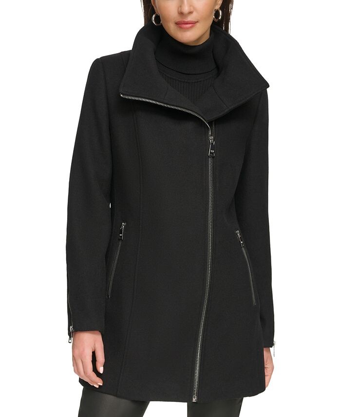 

Женское полушерстяное пальто с асимметричной молнией DKNY, цвет Black