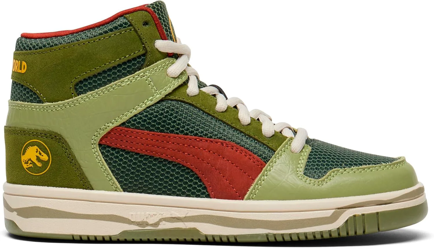Детские кроссовки PUMA для мальчиков Rebound Layup Sl Jurassic World Land высокие, повседневные - зеленые, зеленый/красный/желтый