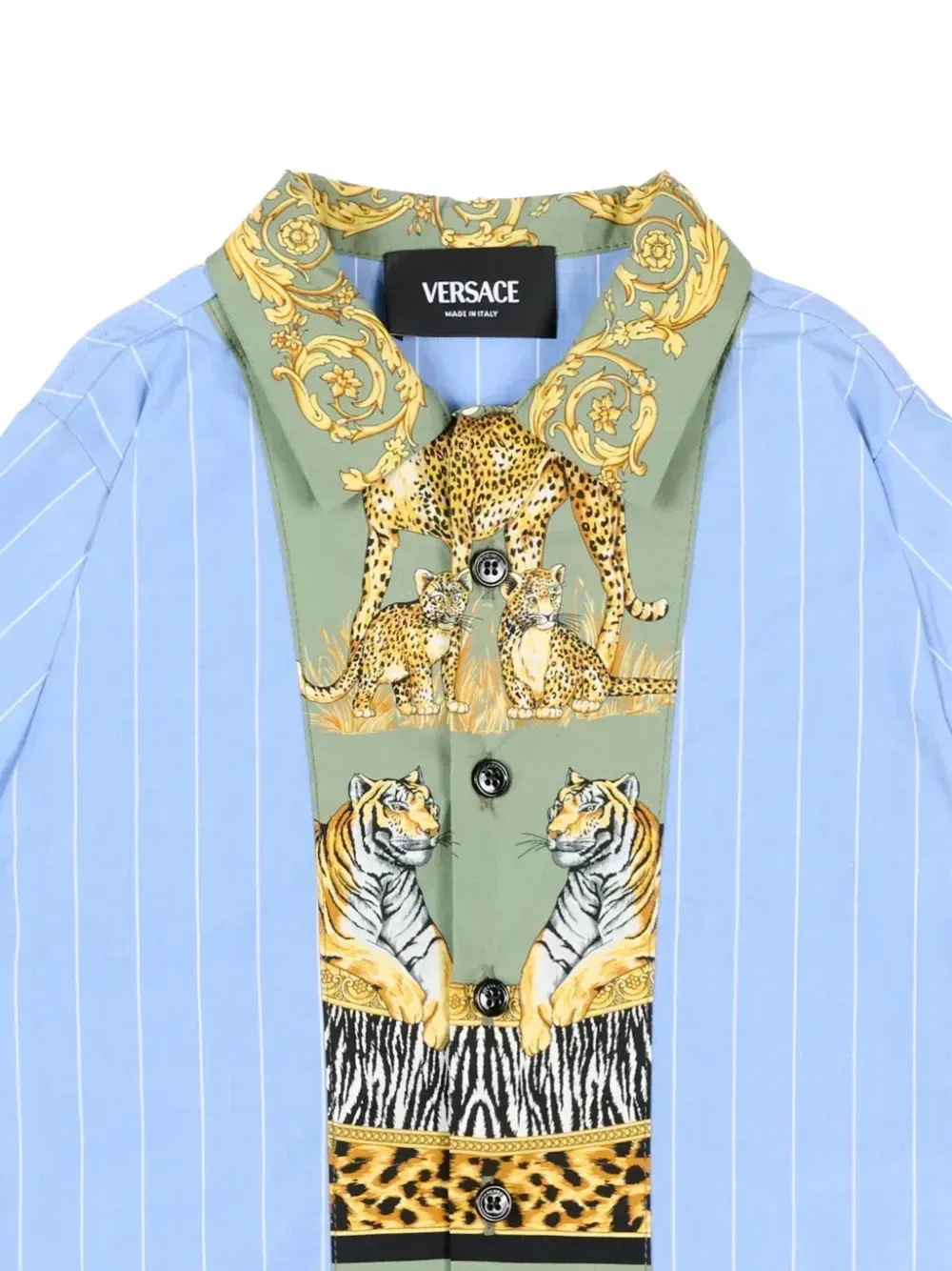 Рубашка в полоску с принтом диких кошек Versace Kids, синий — фото 3