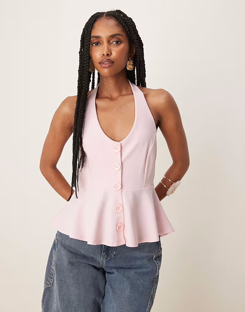 

Удлиненный топ с застежкой-халтером на талии и пуговицами нежно-розового цвета Asos Design