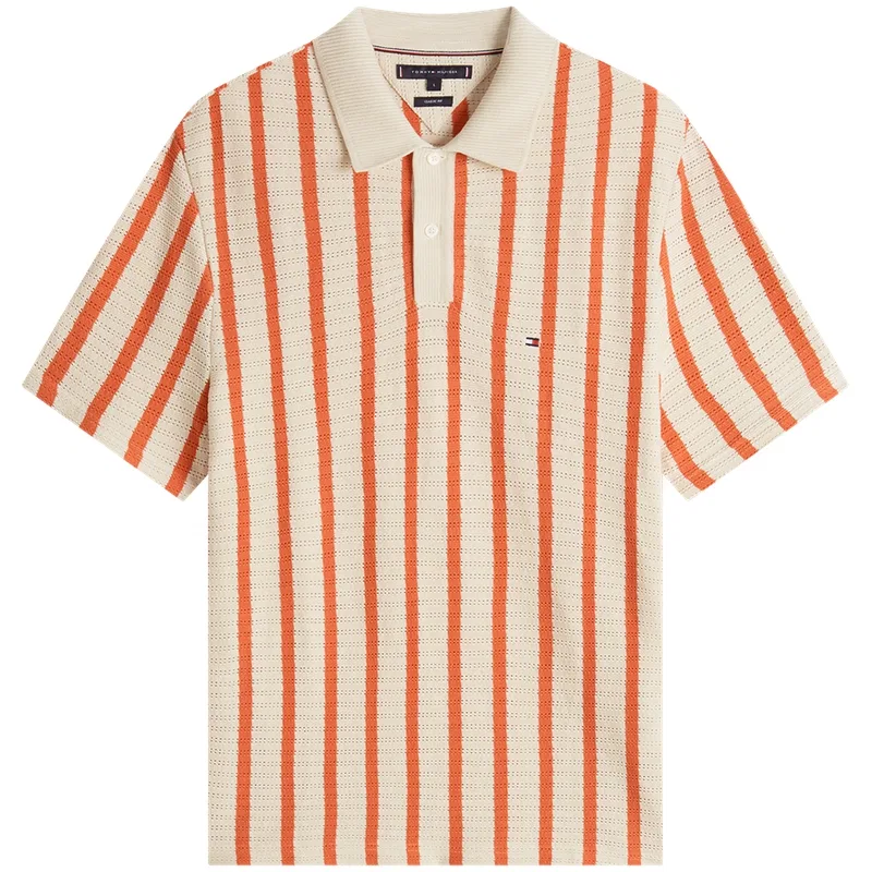 Джемпер мужской с оранжево-экрю полосками 0DO, отложной воротник, тонкий Tommy Hilfiger, Orange Ecru Stripes 0DO
