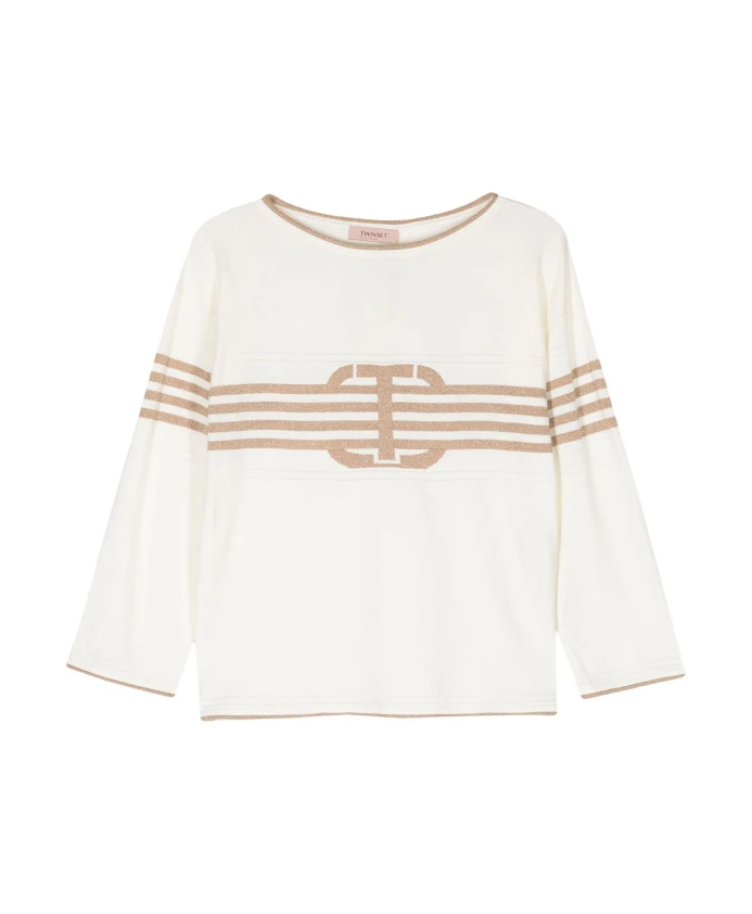 

Длинный пуловер белоснежного и бежевого цвета Twinset, белый