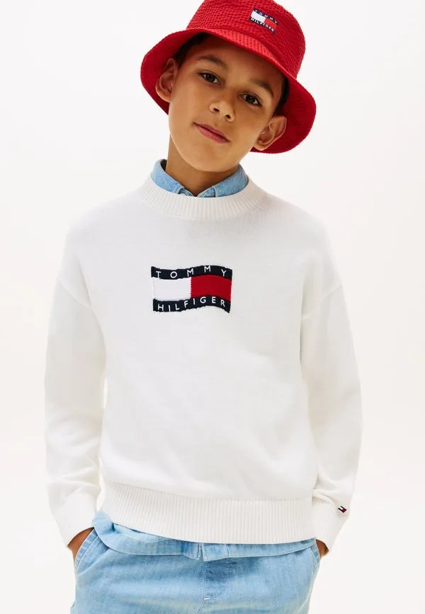 Джемпер с круглым вырезом и интарсией, волнистым флагом Tommy Hilfiger, Ivory