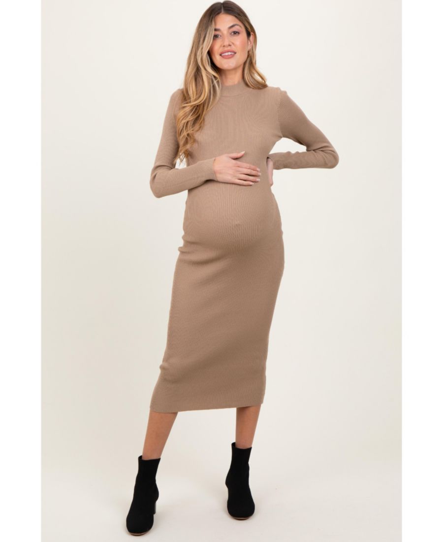 

Платье-миди для беременных, светло-бежевого цвета, с высоким воротником, облегающее, из ребристого трикотажа Pinkblush, Taupe