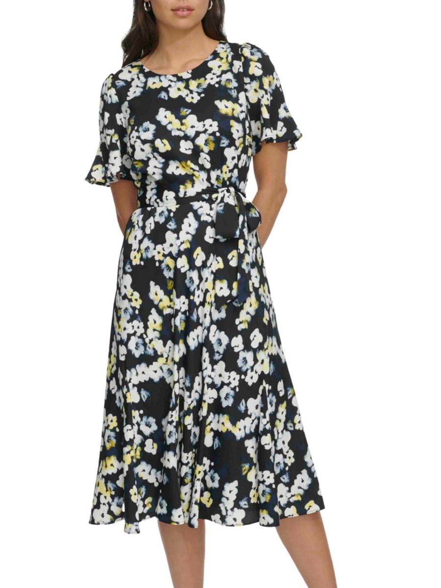 

Платье миди с цветочным принтом и завязкой на талии DKNY, цвет Navy Lemon