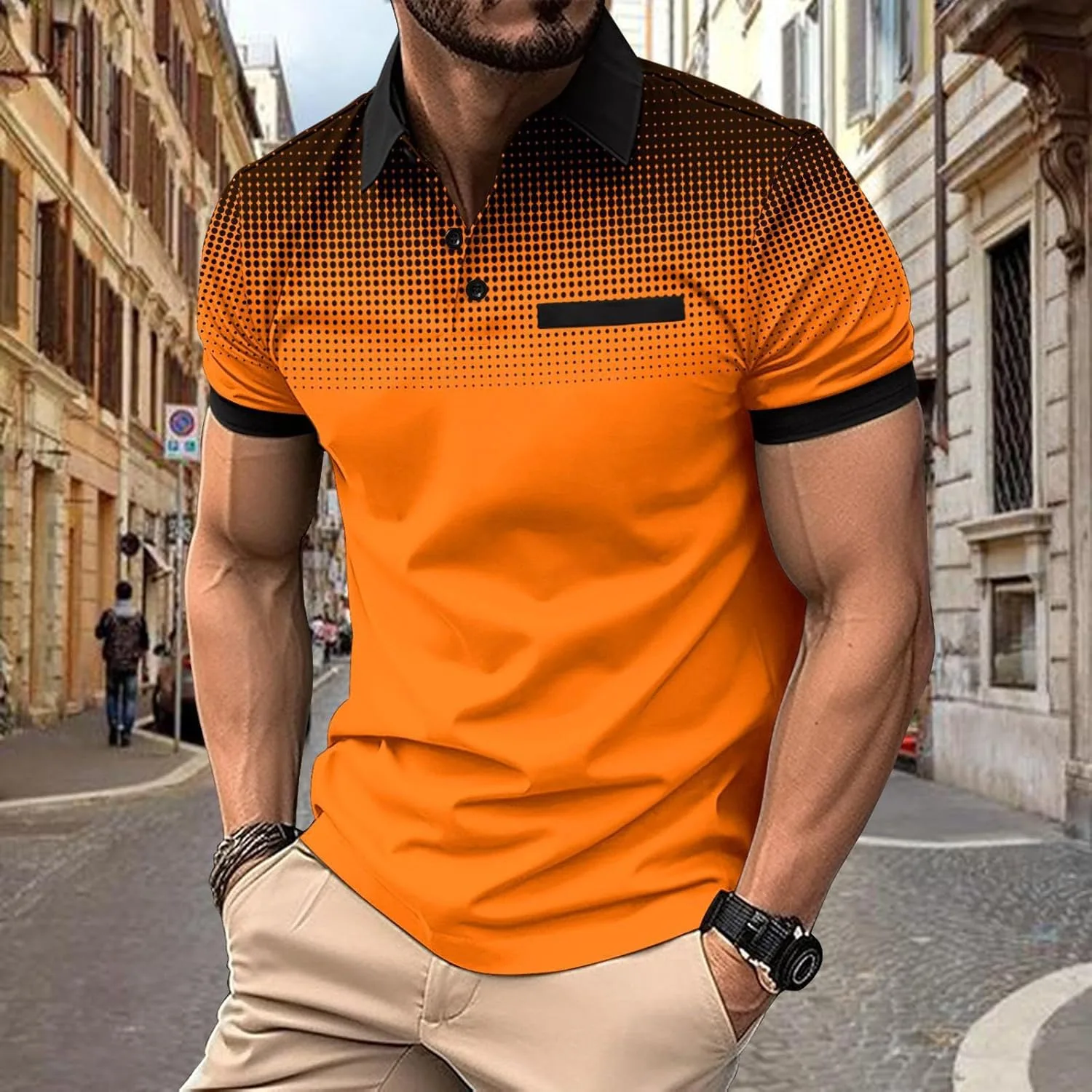 Мужская поло с коротким рукавом, V-образным вырезом и карманом, Slim Fit — фото 2