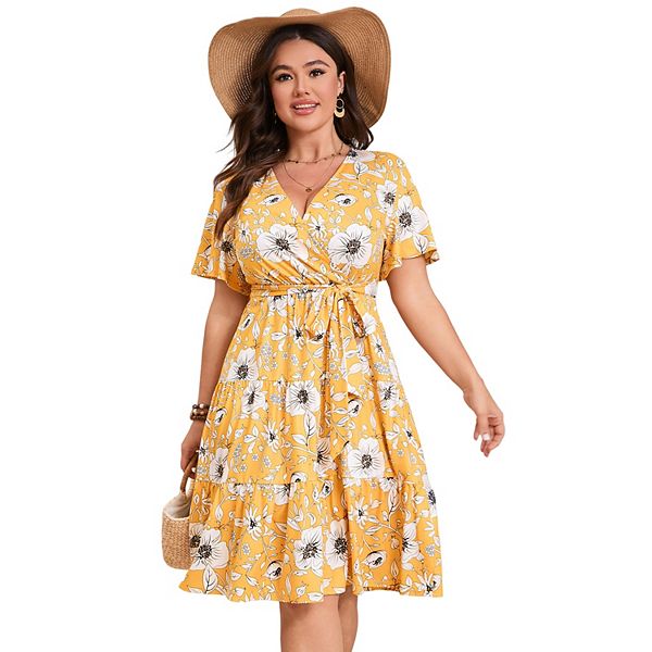 

Женское платье плюс сайз с v-образным вырезом и поясом Kojooin, Yellow White Flower