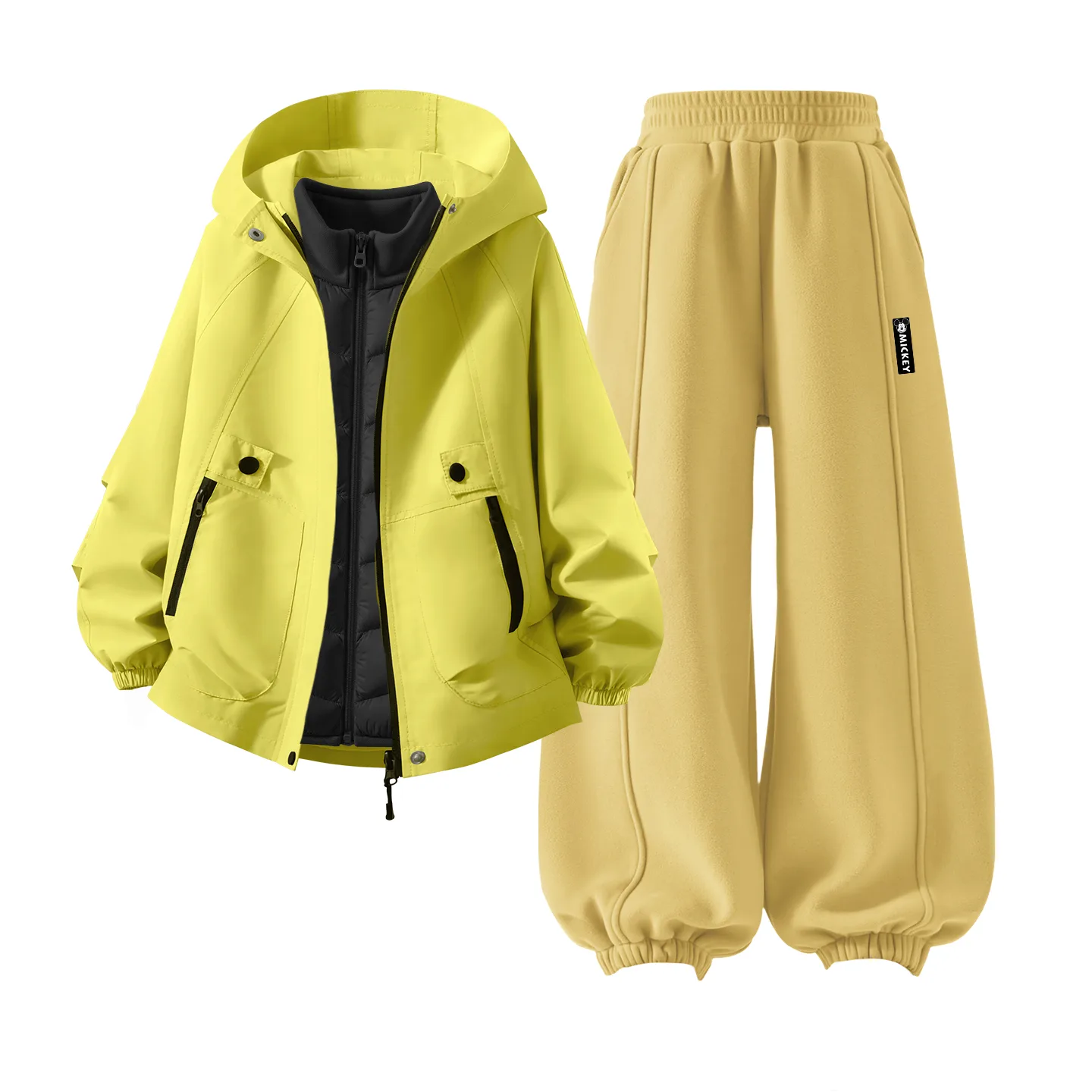 Детский спортивный костюм с круглым вырезом Disney, [Thickened Thermal Three-Piece Set]Solid Color Green+DiH Long Hook-and-Loop K Deep Autumn Yellow+DiH Square Hook-and-Loop K Black