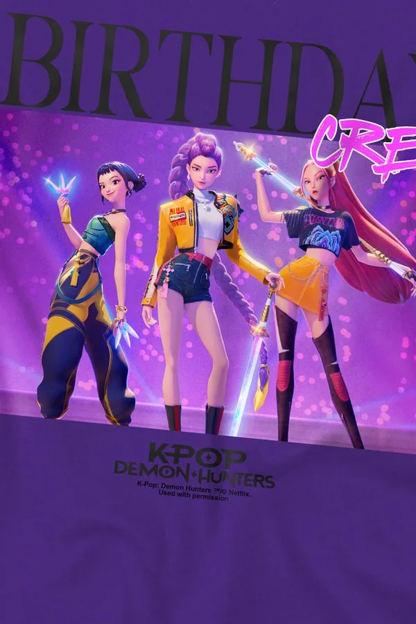 Футболка с принтом k-pop demon hunters huntrix birthday crew Netflix, Purple — фото 3