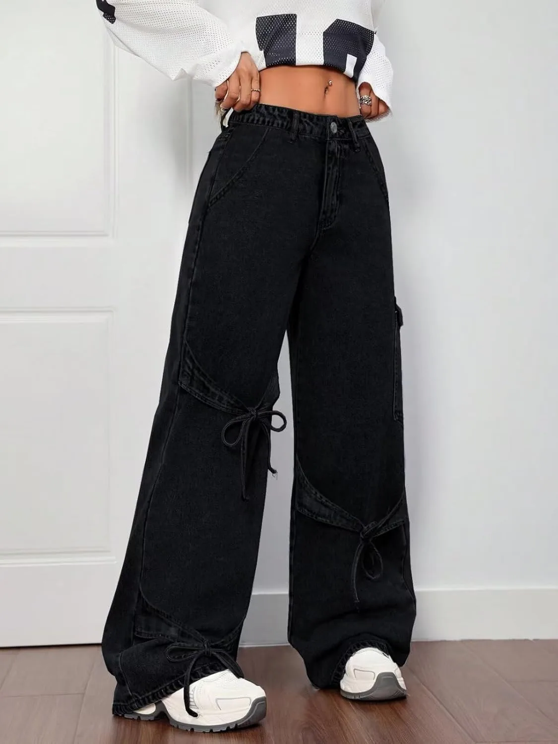 Брюки-джинсы Baggy для женщин Y2K Wide Straight Leg Mid Rise с бантами — фото 3
