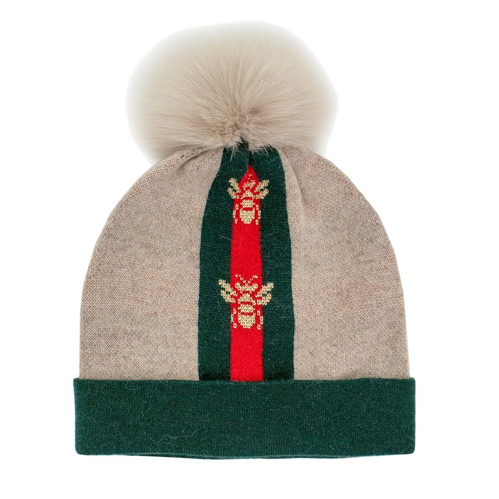 

Вязаная шапка Peter Glenn Lurex Bee Line с помпоном из натурального меха (женская), Beige/Green