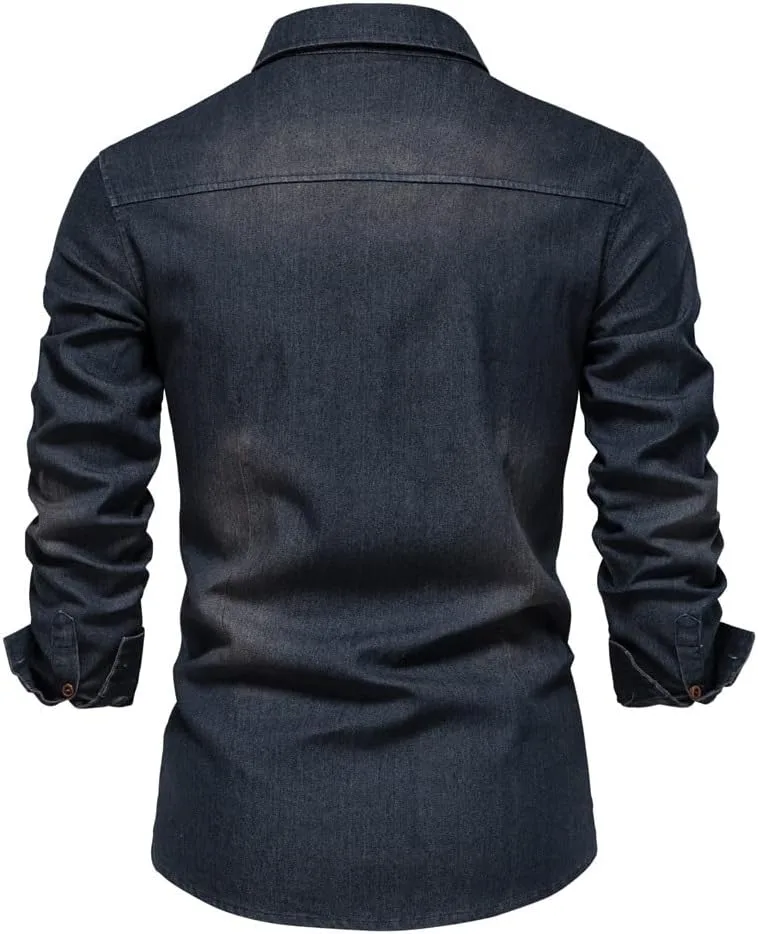 

Мужская рубашка деним на пуговицах casual, однотонная, с длинным рукавом JMKEY