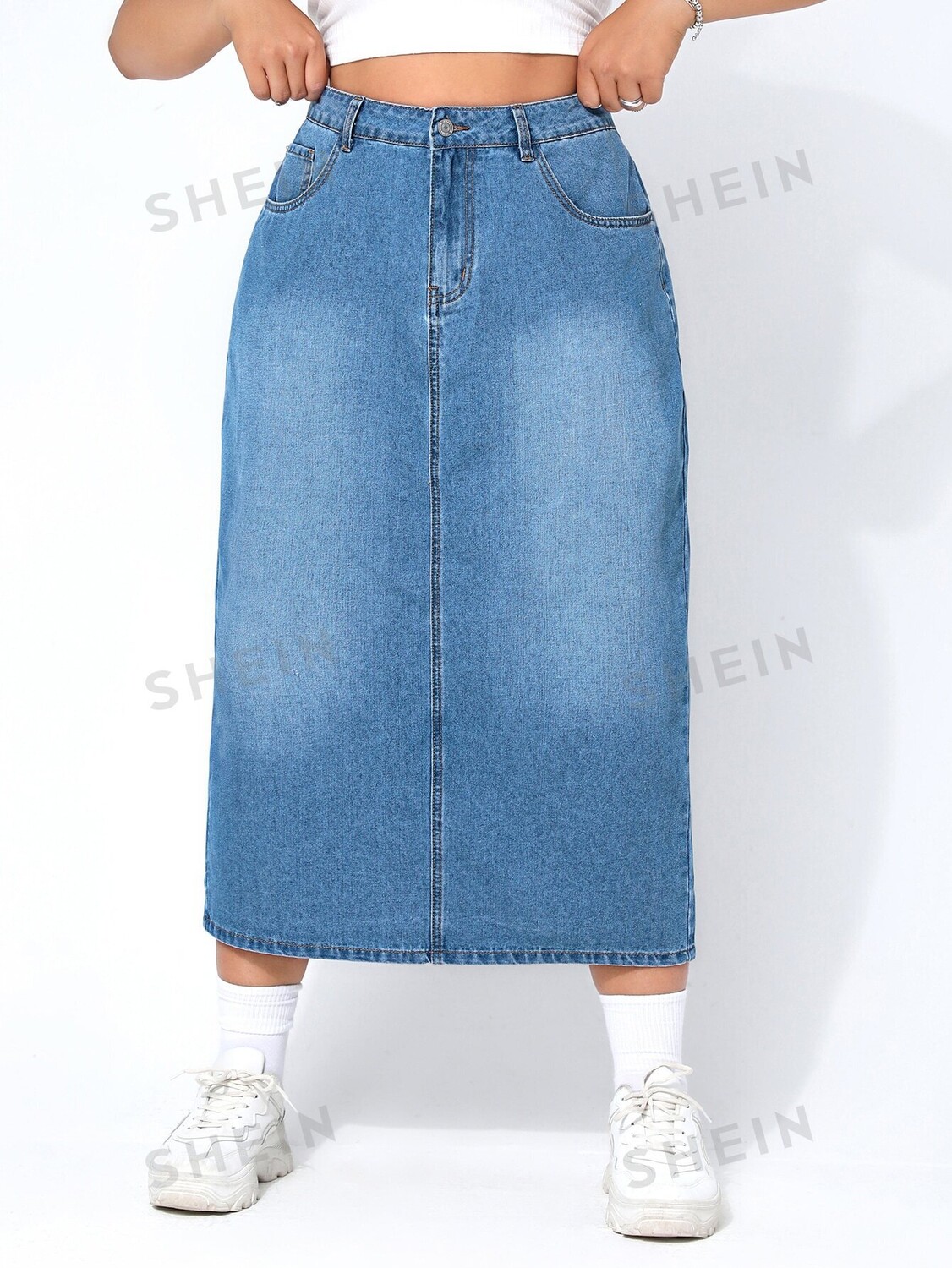 

EZwear Plus Джинсовая юбка, брюки на молнии, разрез сзади Shein, светло-голубой