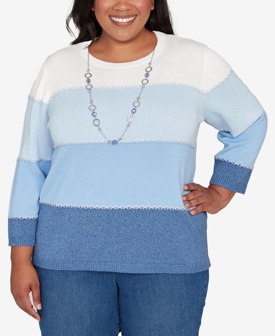 

Свитер большого размера Hilton Head в полоску с эффектом омбре и ожерельем Alfred Dunner, Blue