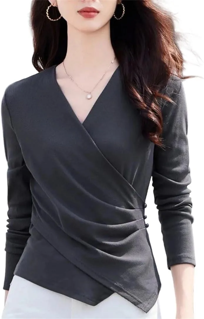 

Женская футболка с длинным рукавом Plus Size V-образным вырезом