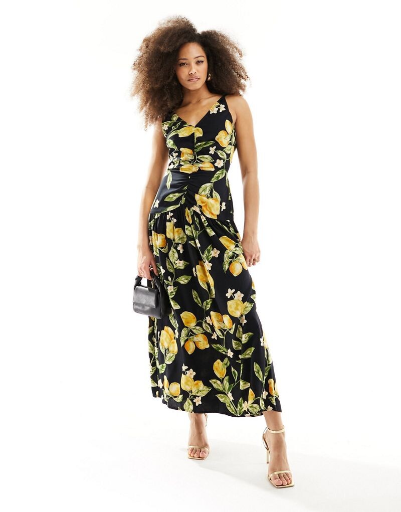 

Лимонное платье миди со сборками и лифом ASOS DESIGN