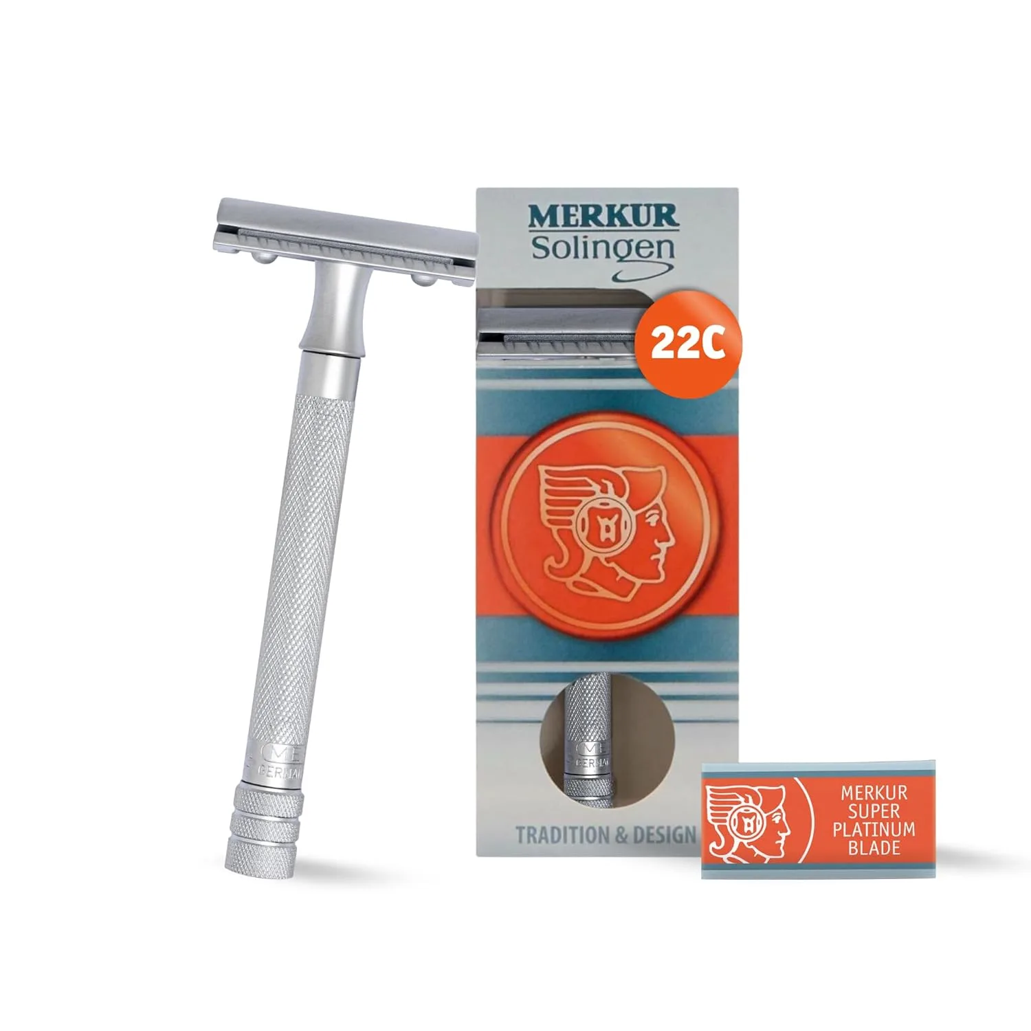 Merkur 22C безопасный бритвенный станок с двойным лезвием - матовый хром, длинная рукоятка с насечкой из латуни, трехкомпонентная конструкция, закрытый гребень, прямая планка, Matte Chrome