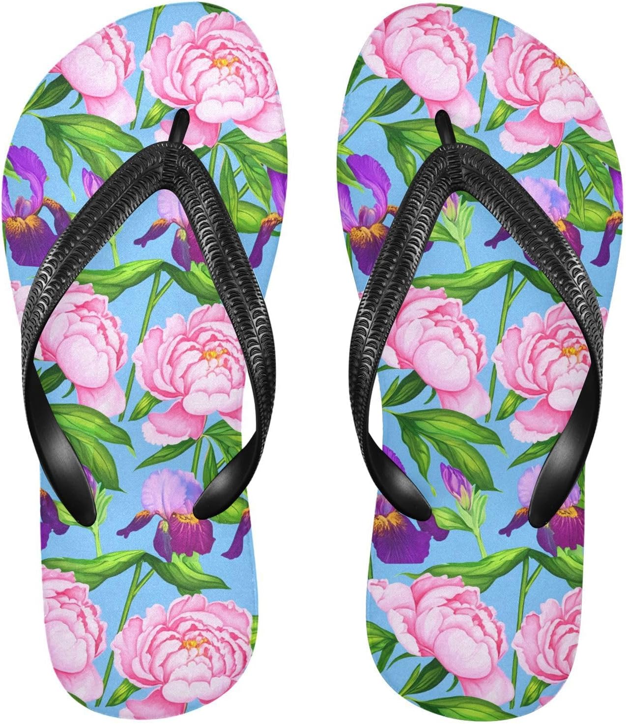 

Шлепанцы для пляжа, душа, сандалии-вьетнамки с резиновой нескользящей подошвой, летние тапочки для женщин и мужчин с изображением пионов и ирисов Sinestour, синий