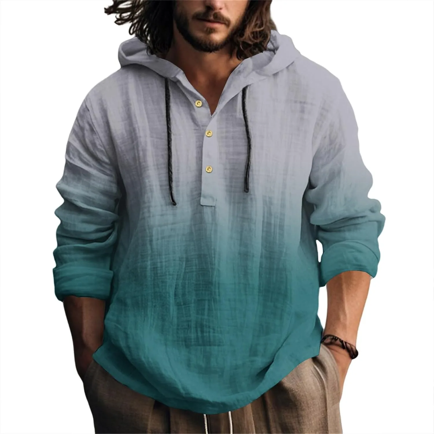 

Ymosrh мужская градиентная хлопковая льняная толстовка на пуговицах, S-2XL