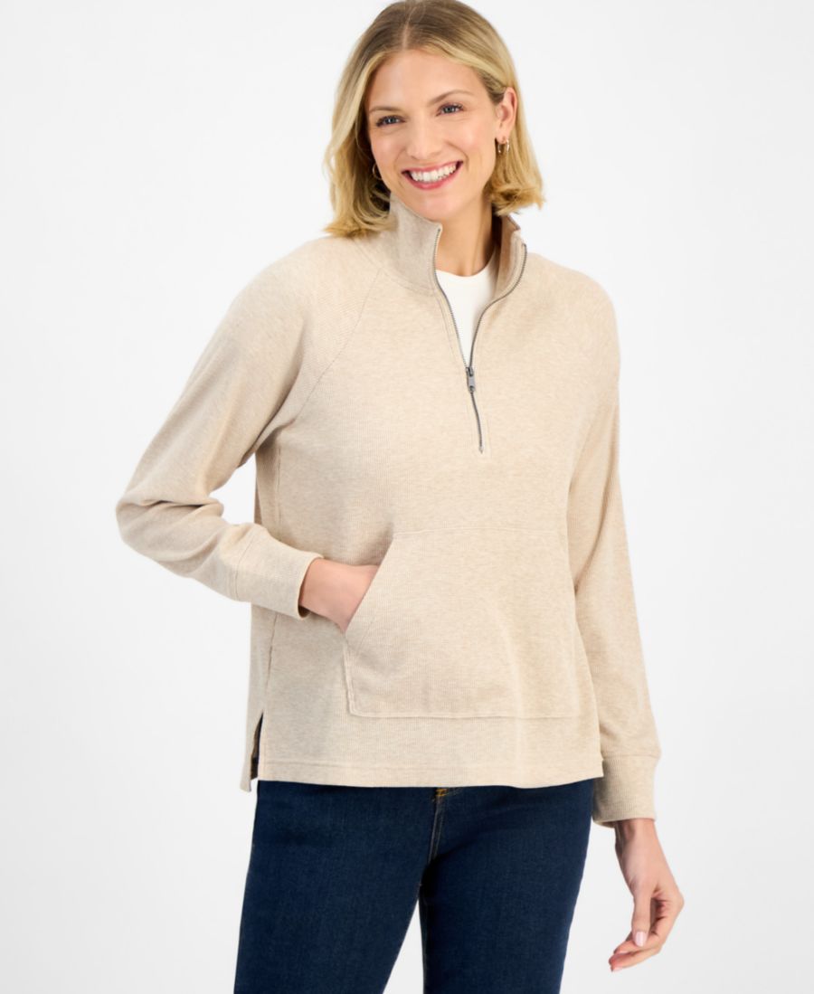 

Женская трикотажная блузка с застежкой-молнией до середины груди, эксклюзивно для Macy's Style & Co, Heather Sandstone