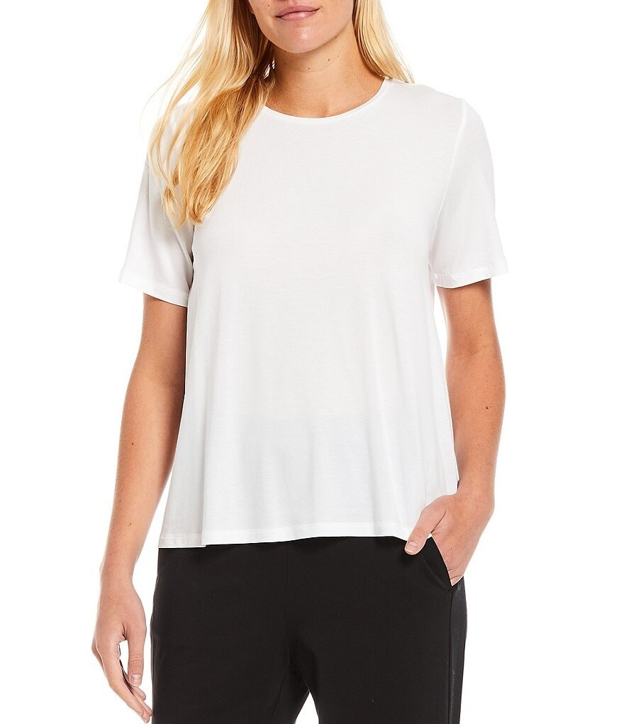 

Легкая трикотажная рубашка с круглым вырезом и короткими рукавами Eileen Fisher Tencel, белый